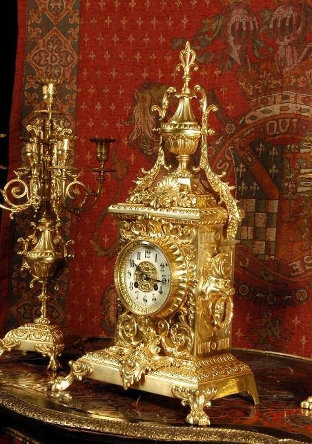 fig 3. ***** SOLD ***** Large Gilded Brass Gothic Clock Set by Jos Leemans, Brussels.